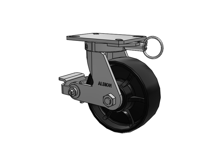 Roulette pivotante à plaque supérieure de la série 310 avec roue 8 x 3 peinte en noir FR - Roue à bande de roulement bombée en fonte ductile et frein à came en polyuréthane