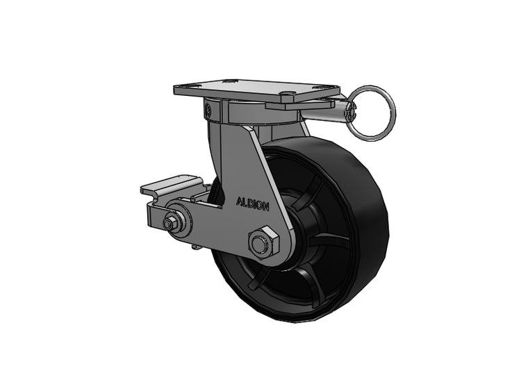 Roulette pivotante à plaque supérieure de la série 310 avec roue 8 x 3 peinte en noir FR - Roue à bande de roulement bombée en fonte ductile et frein à came en polyuréthane