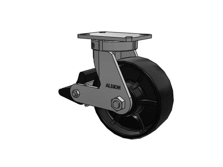 Roulette pivotante à plaque supérieure de la série 310, 8 x 3, peinte en noir FR – Roue à bande de roulement bombée en fonte ductile et frein intégré Poly Lock