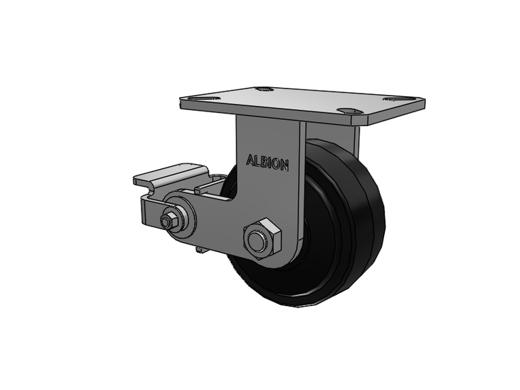 310 Series Top Plate Rigid Caster with 6 x 3 Black Tread on Black Enamel Core MR - Moldon Rubber (Cast Iron Core) Wheel and Poly Cam Brake