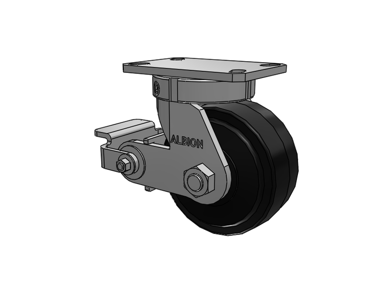 310 Series Top Plate Swivel Caster with 6 x 3 Black Tread on Black Enamel Core MR - Moldon Rubber (Cast Iron Core) Wheel and Poly Cam Brake