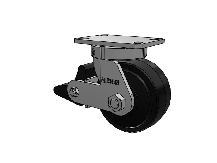 310 Series Top Plate Swivel Caster with 6 x 3 Black Tread on Black Enamel Core MR - Moldon Rubber (Cast Iron Core) Wheel and Poly Lock Integrated Brake