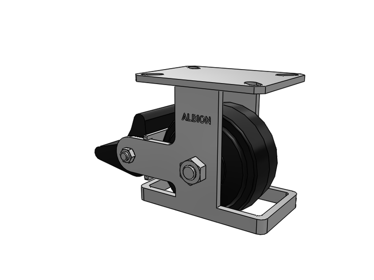 Roulette rigide à plaque supérieure de la série 310, avec bande de roulement noire 6 x 3 sur noyau émaillé noir MR - Moldon Rubber (noyau en fonte), et frein intégré Poly Lock
