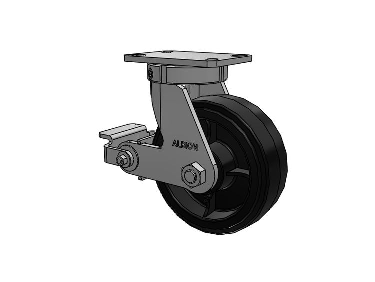 Roulette pivotante à plaque supérieure de la série 310, avec bande de roulement noire 8 x 3 sur noyau émaillé noir MR - Moldon Rubber (noyau en fonte), et frein à came en polyuréthane