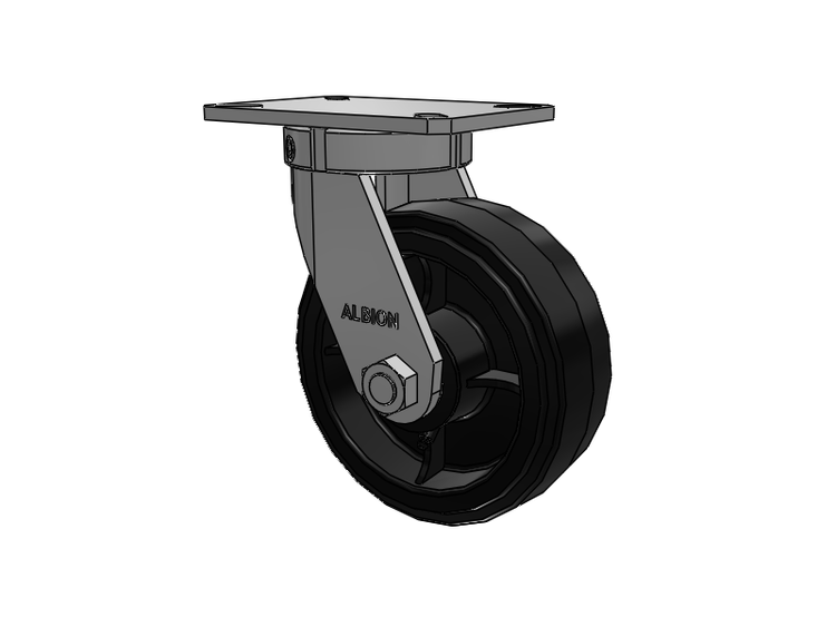 Roulette pivotante à plaque supérieure de la série 310, avec bande de roulement noire 8 x 3 sur noyau émaillé noir MR - Moldon Rubber (noyau en fonte)