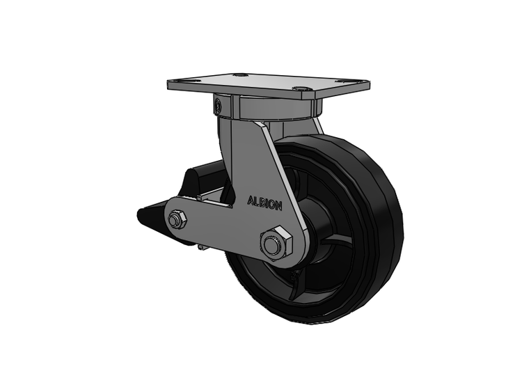 Roulette pivotante à plaque supérieure de la série 310, avec bande de roulement noire 8 x 3 sur noyau émaillé noir MR - Moldon Rubber (noyau en fonte), et frein intégré Poly Lock