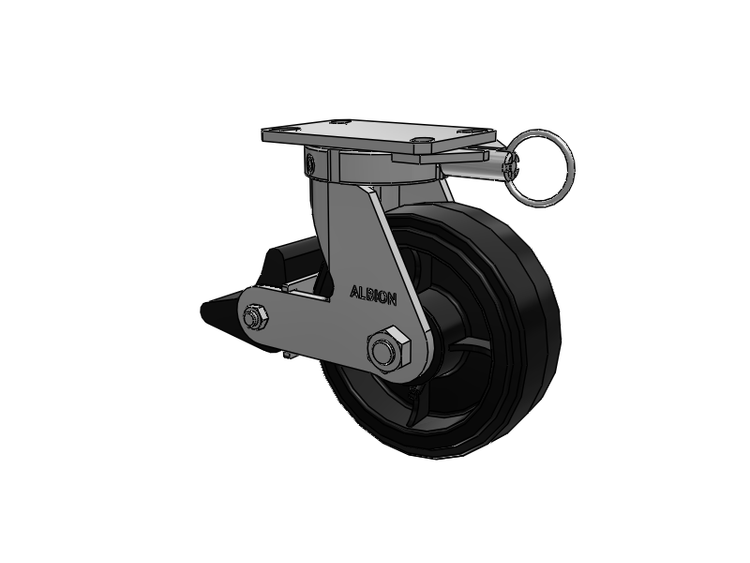 Roulette pivotante à plaque supérieure de la série 310, avec bande de roulement noire 8 x 3 sur noyau émaillé noir MR - Moldon Rubber (noyau en fonte), et frein intégré Poly Lock