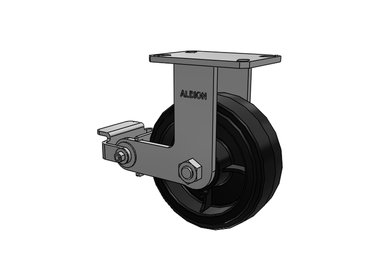 310 Series Top Plate Rigid Caster with 8 x 3 Black Tread on Black Enamel Core MR - Moldon Rubber (Cast Iron Core) Wheel and Poly Cam Brake
