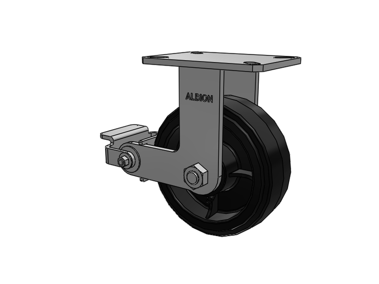 310 Series Top Plate Rigid Caster with 8 x 3 Black Tread on Black Enamel Core MR - Moldon Rubber (Cast Iron Core) Wheel and Poly Cam Brake