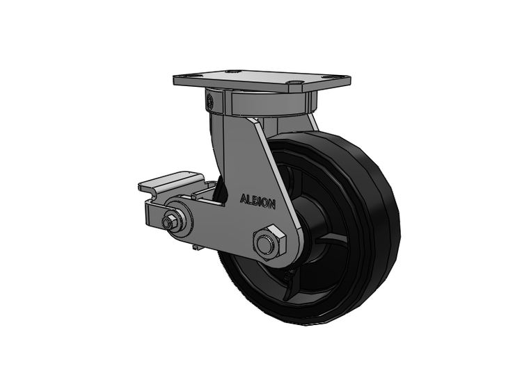 310 Series Top Plate Swivel Caster with 8 x 3 Black Tread on Black Enamel Core MR - Moldon Rubber (Cast Iron Core) Wheel and Poly Cam Brake