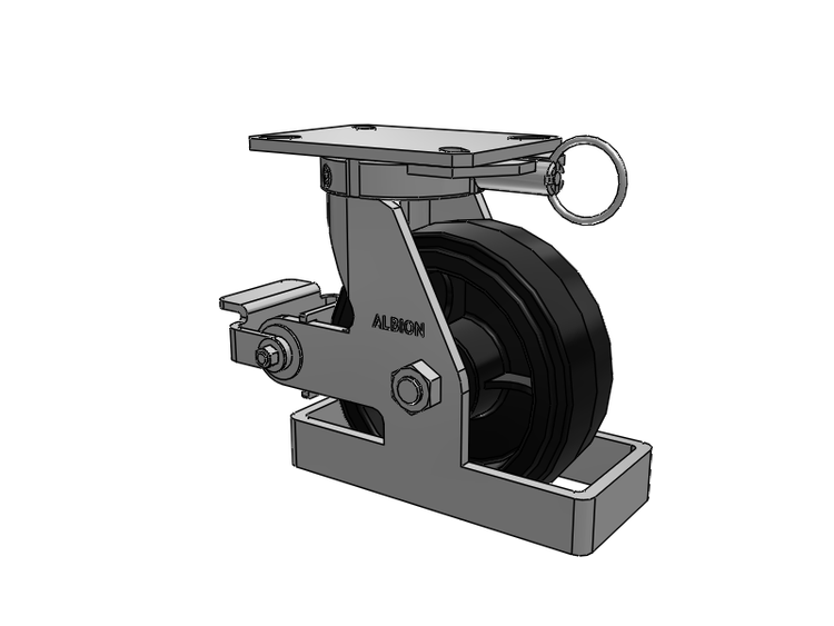 Roulette pivotante à plaque supérieure de la série 310, avec bande de roulement noire 8 x 3 sur noyau émaillé noir MR - Moldon Rubber (noyau en fonte), et frein à came en polyuréthane