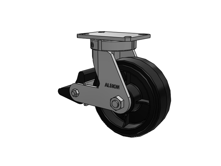 Roulette pivotante à plaque supérieure de la série 310, avec bande de roulement noire 8 x 3 sur noyau émaillé noir MR - Moldon Rubber (noyau en fonte), et frein intégré Poly Lock