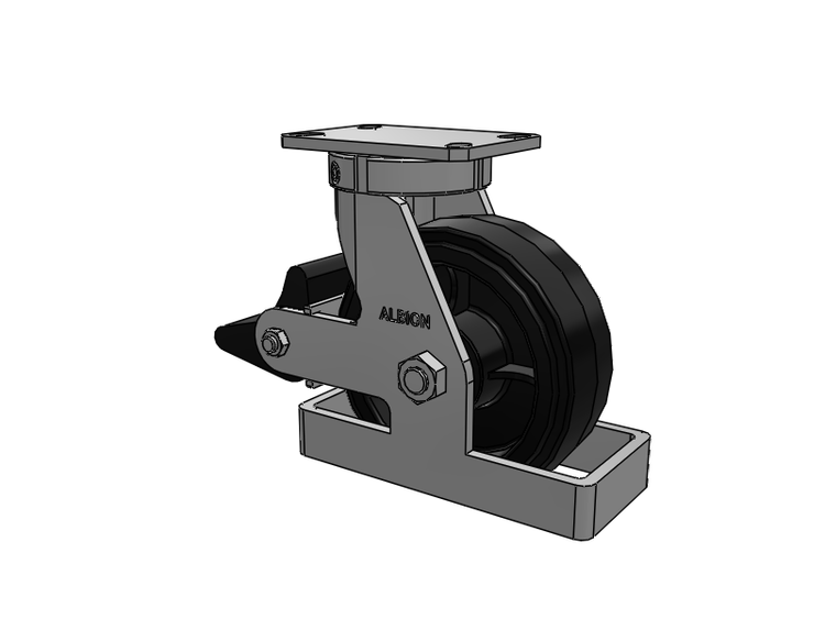 Roulette pivotante à plaque supérieure de la série 310, avec bande de roulement noire 8 x 3 sur noyau émaillé noir MR - Moldon Rubber (noyau en fonte), et frein intégré Poly Lock