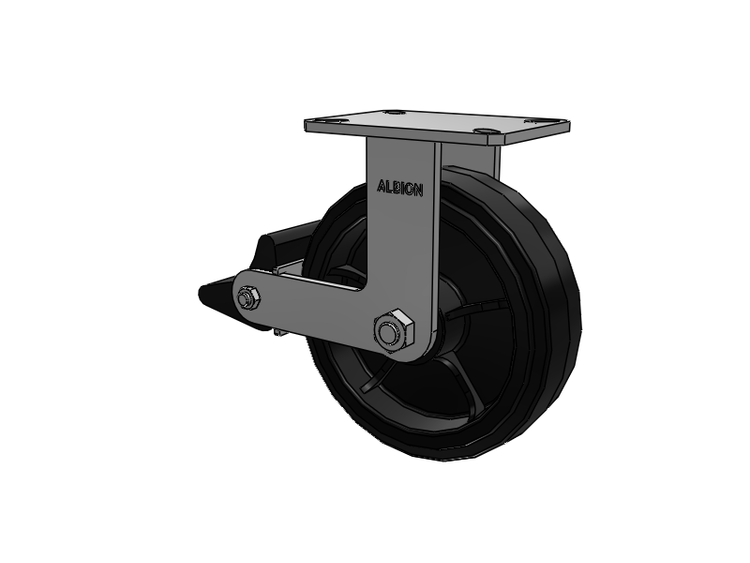 310 Series Top Plate Rigid Caster with 10 x 3 Black Tread on Black Enamel Core MR - Moldon Rubber (Cast Iron Core) Wheel and Poly Lock Integrated Brake