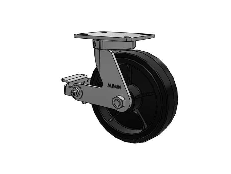Roulette pivotante à plaque supérieure de la série 310, avec bande de roulement noire 10 x 3 sur noyau émaillé noir MR - Moldon Rubber (noyau en fonte), roue et frein à came en polyuréthane