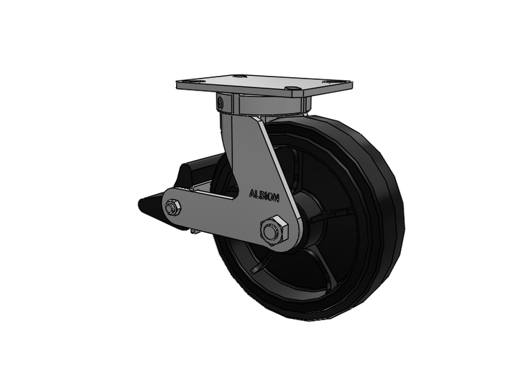 Roulette pivotante à plaque supérieure de la série 310, avec bande de roulement noire de 10 x 3 sur noyau émaillé noir MR - Moldon Rubber (noyau en fonte), et frein intégré Poly Lock