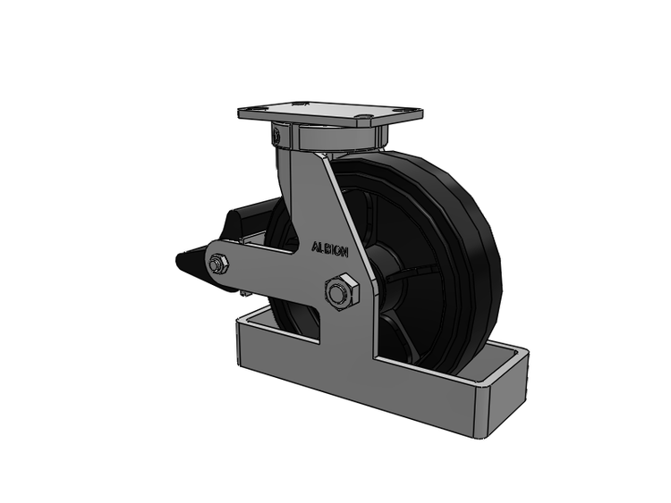 Roulette pivotante à plaque supérieure de la série 310, avec bande de roulement noire de 10 x 3 sur noyau émaillé noir MR - Moldon Rubber (noyau en fonte), et frein intégré Poly Lock