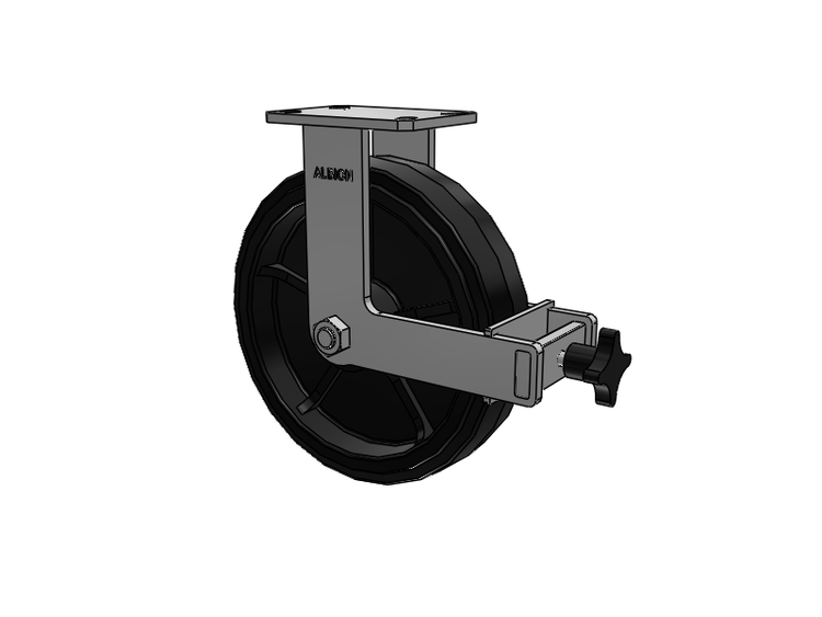 Roulette rigide à plaque supérieure de la série 310, avec bande de roulement noire 12 x 3 sur noyau émaillé noir MR - Moldon Rubber (noyau en fonte), roue et frein de face