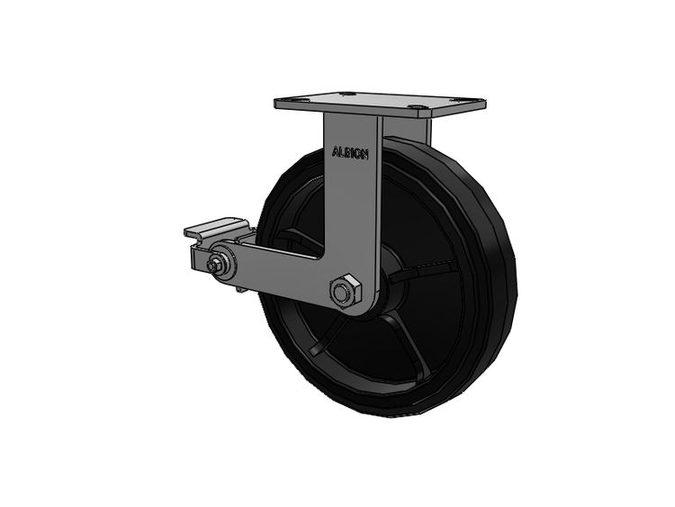Roulette rigide à plaque supérieure de la série 310, avec bande de roulement noire 12 x 3 sur noyau émaillé noir MR - Moldon Rubber (noyau en fonte), roue et frein à came en polyuréthane