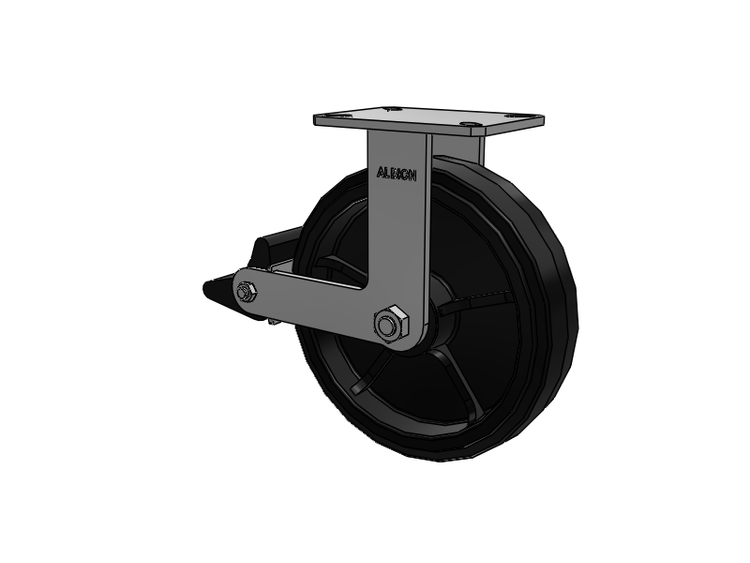 Roulette rigide à plaque supérieure de la série 310, avec bande de roulement noire 12 x 3 sur noyau émaillé noir MR - Moldon Rubber (noyau en fonte), et frein intégré Poly Lock