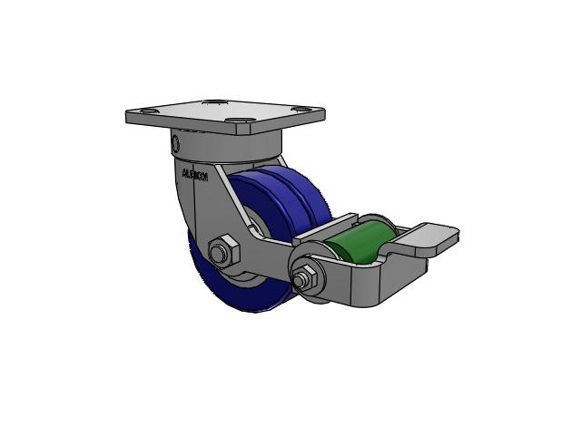 110 Series Kingpinless Top Plate Swivel Caster with 4 x 2 Blue Tread on Aluminum Core EZ - Swivel-EAZ (Flat) Wheel and Poly Cam Brake