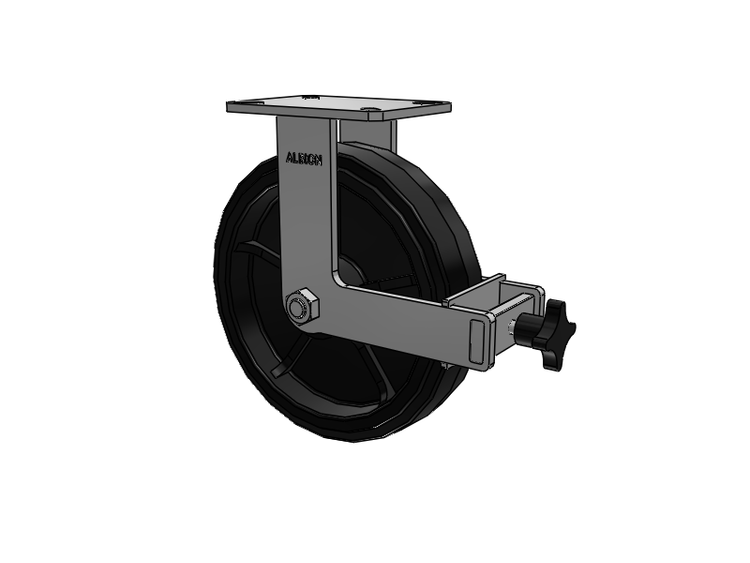 Roulette rigide à plaque supérieure de la série 310, avec bande de roulement noire 12 x 3 sur noyau émaillé noir MR - Moldon Rubber (noyau en fonte), roue et frein de face