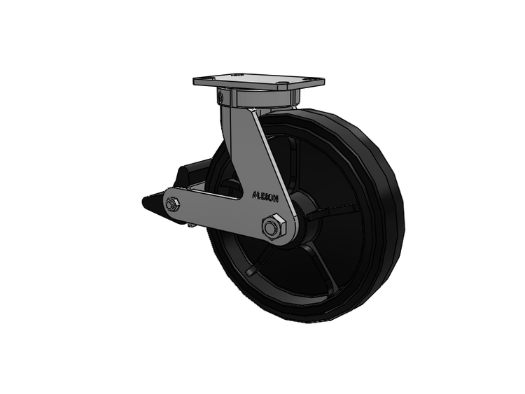 Roulette pivotante à plaque supérieure de la série 310, avec bande de roulement noire 12 x 3 sur noyau émaillé noir MR - Moldon Rubber (noyau en fonte), et frein intégré Poly Lock