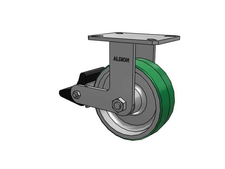 310 Series Top Plate Rigid Caster with 8 x 3 Green Tread on Aluminum Core PD - Polyurethane (Aluminum Core) Wheel and Poly Lock Integrated Brake