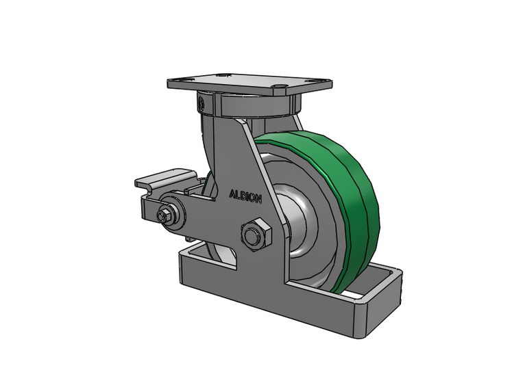 Roulette pivotante à plaque supérieure de la série 310, avec bande de roulement verte 8 x 3 sur noyau en aluminium PD – Roue en polyuréthane (noyau en aluminium) et frein Poly Cam