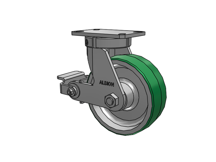 310 Series Top Plate Swivel Caster with 8 x 3 Green Tread on Aluminum Core PD - Polyurethane (Aluminum Core) Wheel and Poly Cam Brake