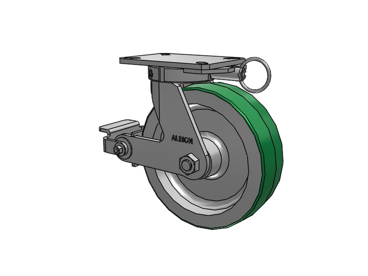 Roulette pivotante à plaque supérieure de la série 310, avec bande de roulement verte de 10 x 3 sur noyau en aluminium PD – Roue en polyuréthane (noyau en aluminium) et frein Poly Cam