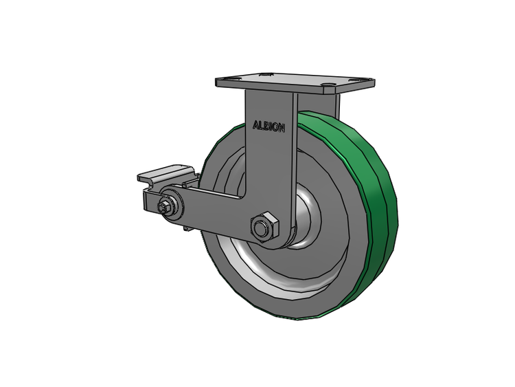 310 Series Top Plate Rigid Caster with 10 x 3 Green Tread on Aluminum Core PD - Polyurethane (Aluminum Core) Wheel and Poly Cam Brake