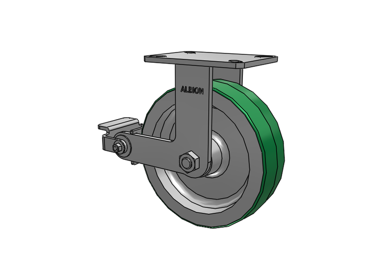 Roulette rigide à plaque supérieure de la série 310, avec bande de roulement verte 10 x 3 sur noyau en aluminium PD – Roue en polyuréthane (noyau en aluminium) et frein Poly Cam