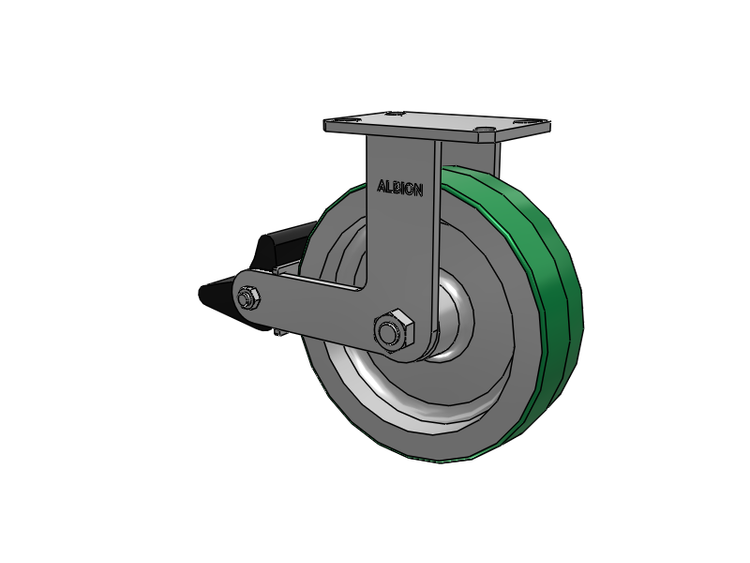Roulette rigide à plaque supérieure de la série 310, avec bande de roulement verte 10 x 3 sur noyau en aluminium PD – Roue en polyuréthane (noyau en aluminium) et frein intégré Poly Lock