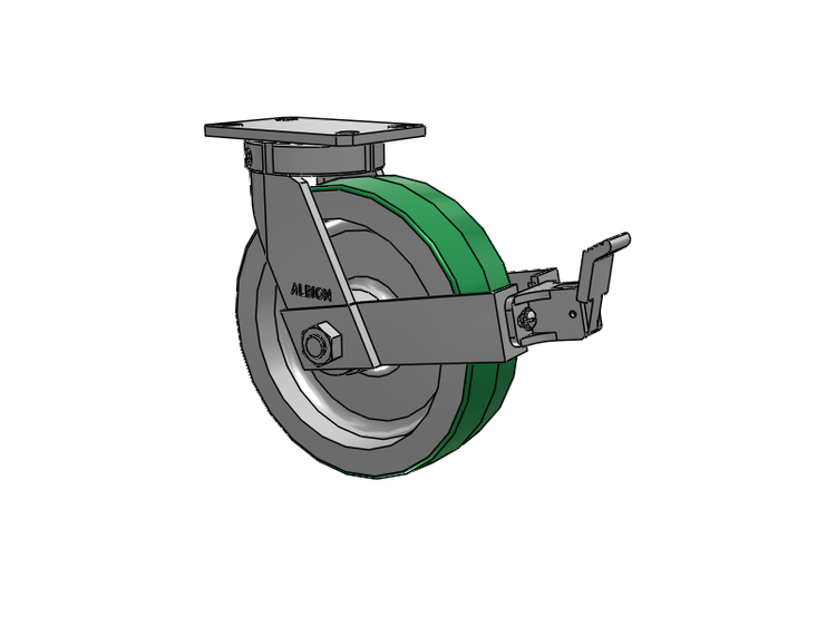 Roulette pivotante à plaque supérieure de la série 310, avec bande de roulement verte de 10 x 3 sur noyau en aluminium PD – Roue en polyuréthane (noyau en aluminium) et frein de face
