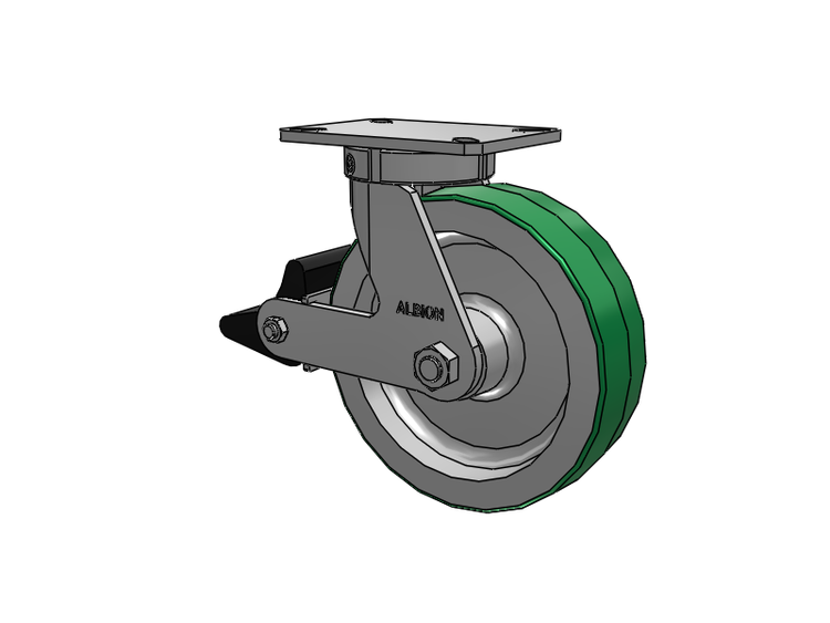 Roulette pivotante à plaque supérieure de la série 310, avec bande de roulement verte de 10 x 3 sur noyau en aluminium PD - Roue en polyuréthane (noyau en aluminium) et frein intégré Poly Lock