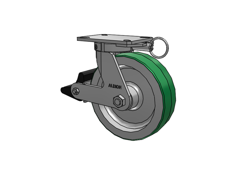 Roulette pivotante à plaque supérieure de la série 310, avec bande de roulement verte de 10 x 3 sur noyau en aluminium PD - Roue en polyuréthane (noyau en aluminium) et frein intégré Poly Lock