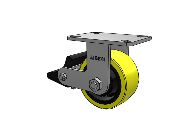 310 Series Top Plate Rigid Caster with 6 x 3 Yellow Tread on Black Cast Iron Core PF - Polyurethane (Heavy Duty Cast Iron Core) Wheel and Poly Lock Integrated Brake