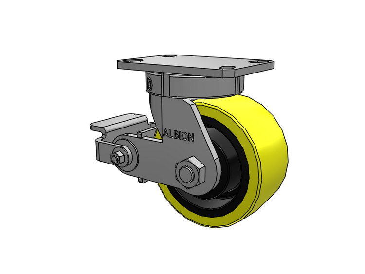 310 Series Top Plate Swivel Caster with 6 x 3 Yellow Tread on Black Cast Iron Core PF - Polyurethane (Heavy Duty Cast Iron Core) Wheel and Poly Cam Brake