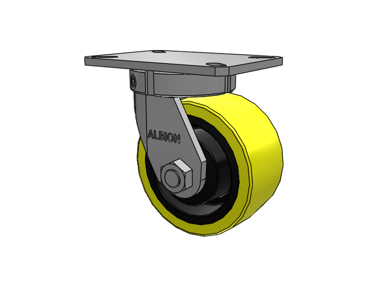 Roulette pivotante à plaque supérieure de la série 310, avec bande de roulement jaune 6 x 3 sur noyau en fonte noire PF - Roue en polyuréthane (noyau en fonte pour usage intensif)