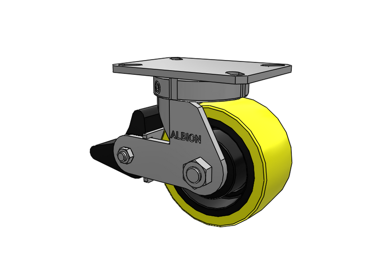 310 Series Top Plate Swivel Caster with 6 x 3 Yellow Tread on Black Cast Iron Core PF - Polyurethane (Heavy Duty Cast Iron Core) Wheel and Poly Lock Integrated Brake