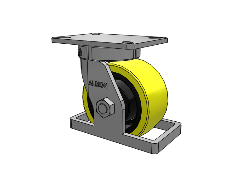Roulette pivotante à plaque supérieure de la série 310, avec bande de roulement jaune 6 x 3 sur noyau en fonte noire PF - Roue en polyuréthane (noyau en fonte pour usage intensif)