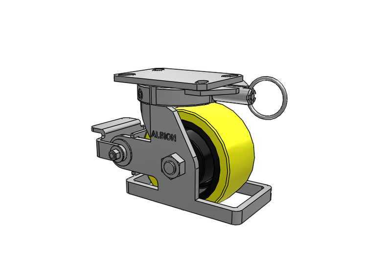 Roulette pivotante à plaque supérieure de la série 310, avec bande de roulement jaune 6 x 3 sur noyau en fonte noire PF - Roue en polyuréthane (noyau en fonte haute résistance) et frein à came en polyuréthane