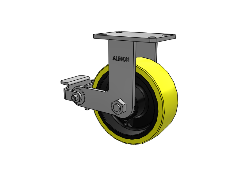 310 Series Top Plate Rigid Caster with 8 x 3 Yellow Tread on Black Cast Iron Core PF - Polyurethane (Heavy Duty Cast Iron Core) Wheel and Poly Cam Brake
