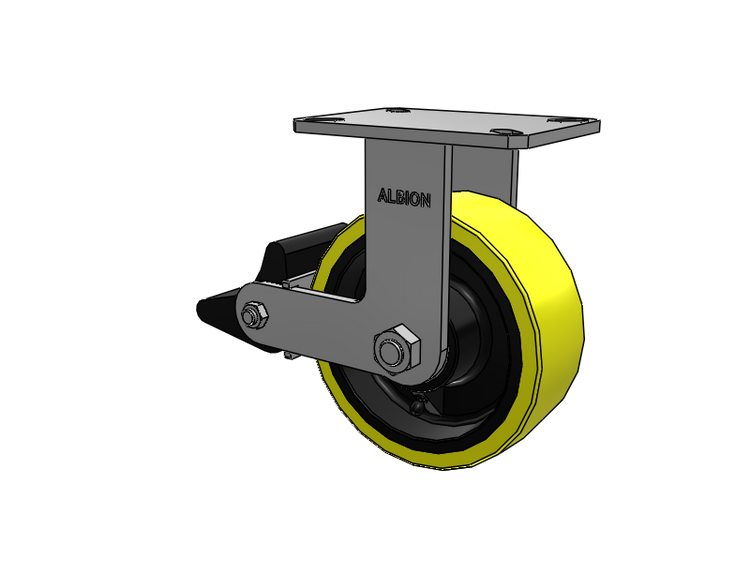 310 Series Top Plate Rigid Caster with 8 x 3 Yellow Tread on Black Cast Iron Core PF - Polyurethane (Heavy Duty Cast Iron Core) Wheel and Poly Lock Integrated Brake