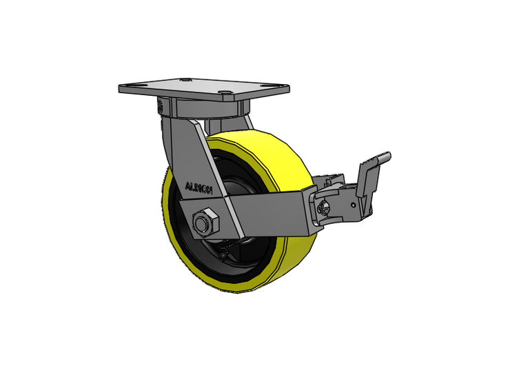 310 Series Top Plate Swivel Caster with 8 x 3 Yellow Tread on Black Cast Iron Core PF - Polyurethane (Heavy Duty Cast Iron Core) Wheel and Face Brake