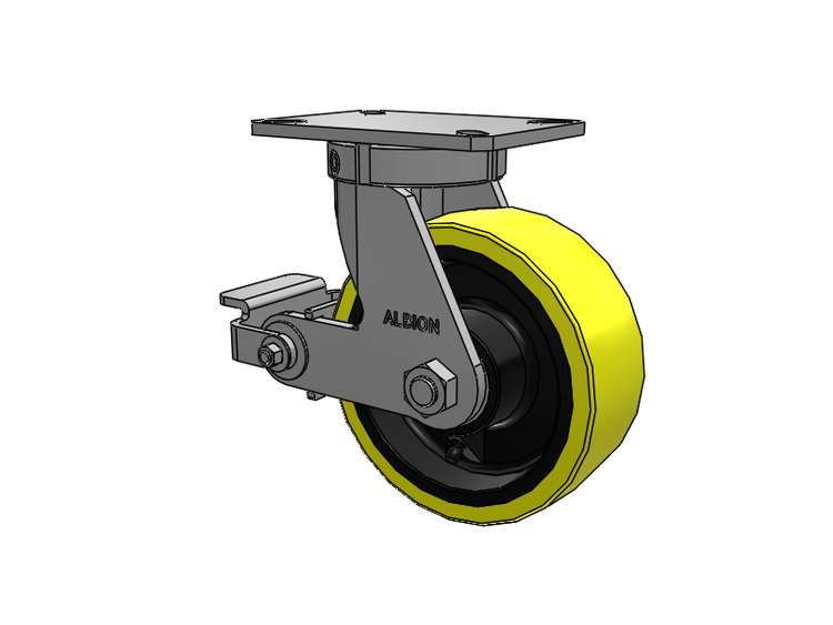 Roulette pivotante à plaque supérieure de la série 310, avec bande de roulement jaune 8 x 3 sur noyau en fonte noire PF - Roue en polyuréthane (noyau en fonte haute résistance) et frein Poly Cam
