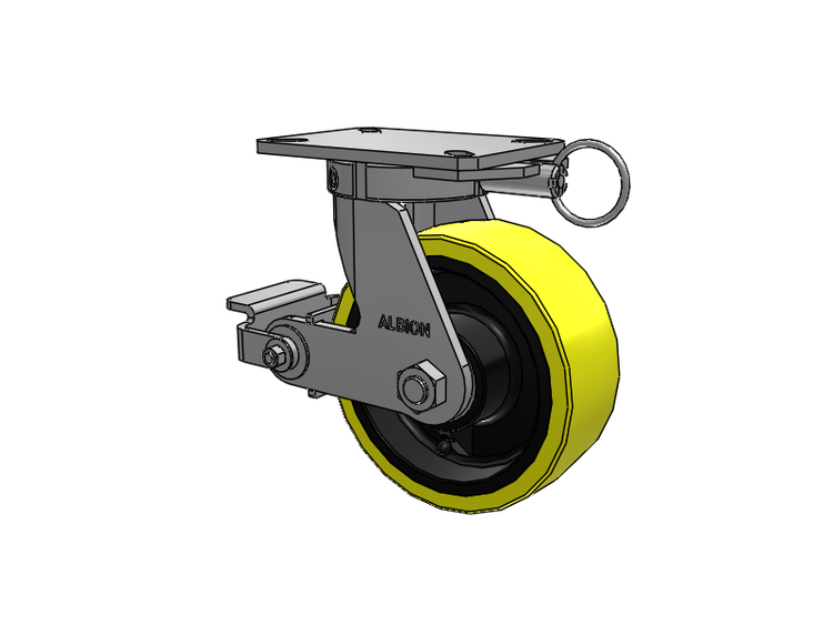 Roulette pivotante à plaque supérieure de la série 310, avec bande de roulement jaune 8 x 3 sur noyau en fonte noire PF - Roue en polyuréthane (noyau en fonte haute résistance) et frein Poly Cam