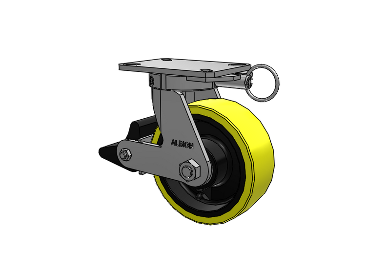 310 Series Top Plate Swivel Caster with 8 x 3 Yellow Tread on Black Cast Iron Core PF - Polyurethane (Heavy Duty Cast Iron Core) Wheel and Poly Lock Integrated Brake