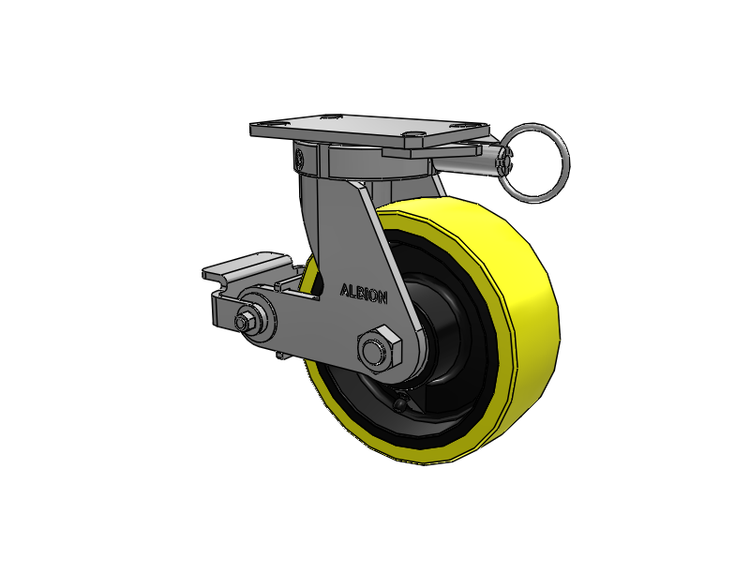 310 Series Top Plate Swivel Caster with 8 x 3 Yellow Tread on Black Cast Iron Core PF - Polyurethane (Heavy Duty Cast Iron Core) Wheel and Poly Cam Brake